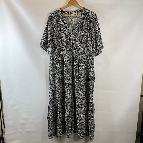 Sonoma Womens Linen Maxi Dress Size XL Black White Floral Peasant Button Front - Picture 2 of 10
